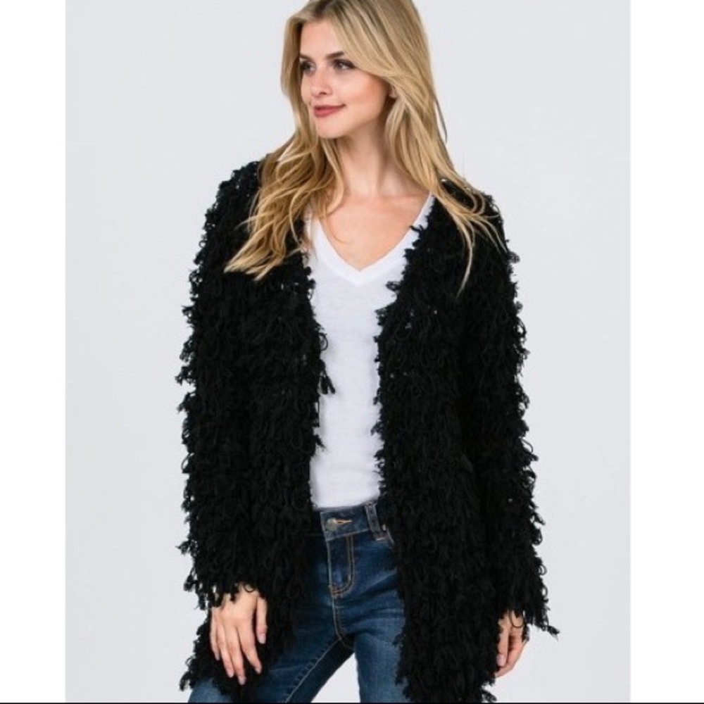 Hand crocheted fuzzy cardigan